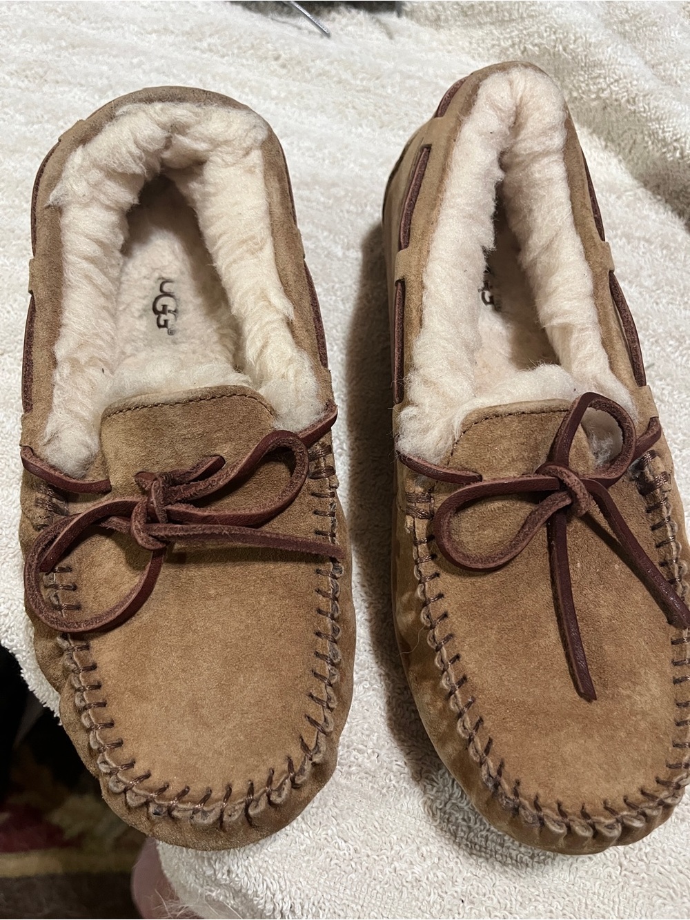 UGG Chestnut Suede Shearling Lined Moccasin Slippers 5